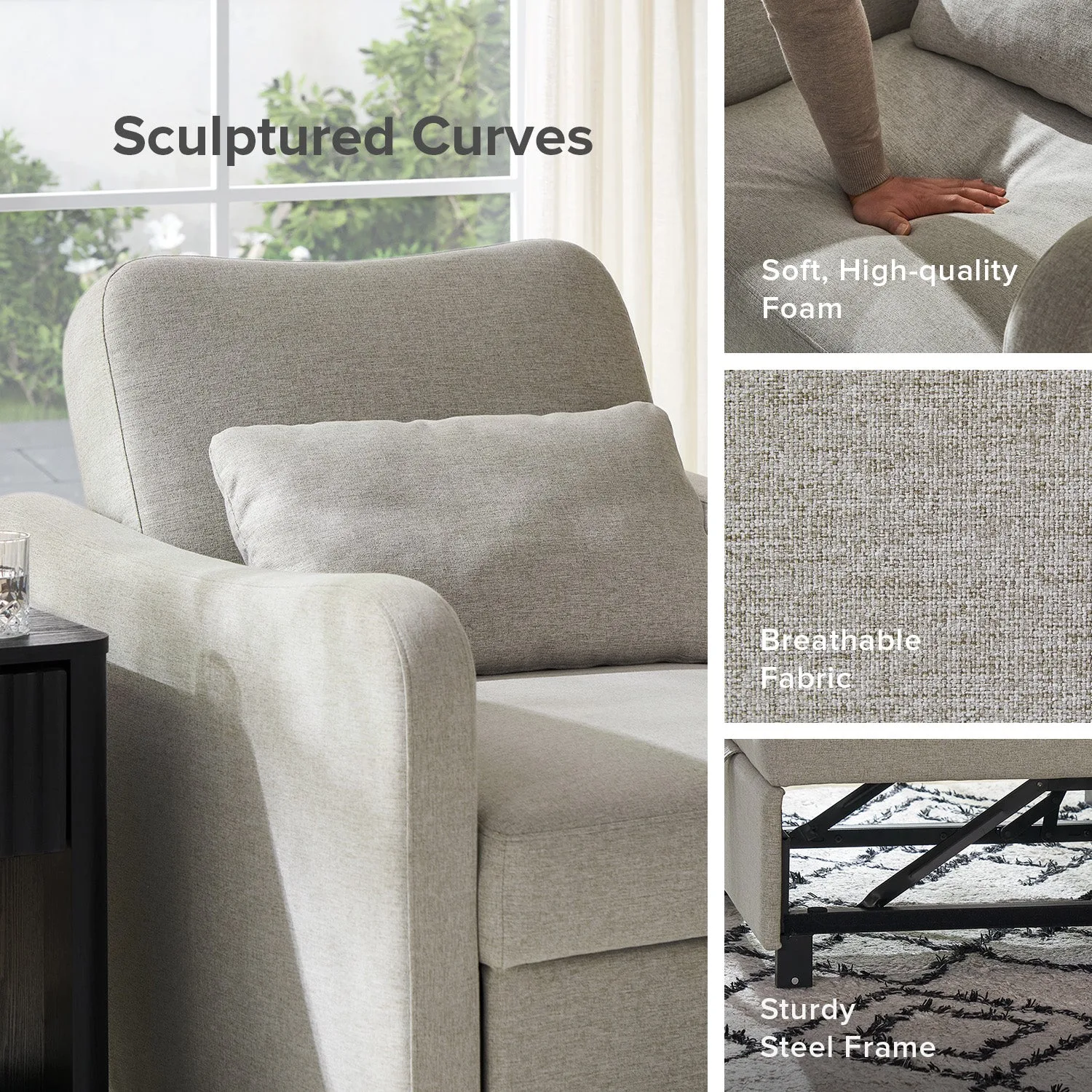 Curved backrest and armrest design of the sleeper chair